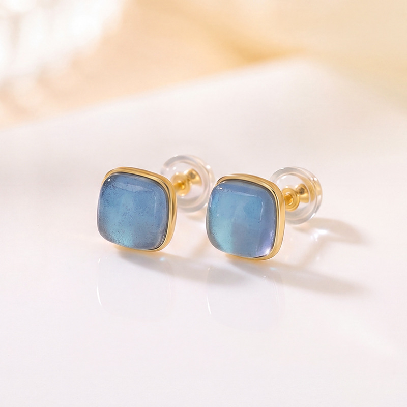 Khuyên tai nữ bạc S925 đính đá aquamarine hình vuông phong cách tối giản — Bạc