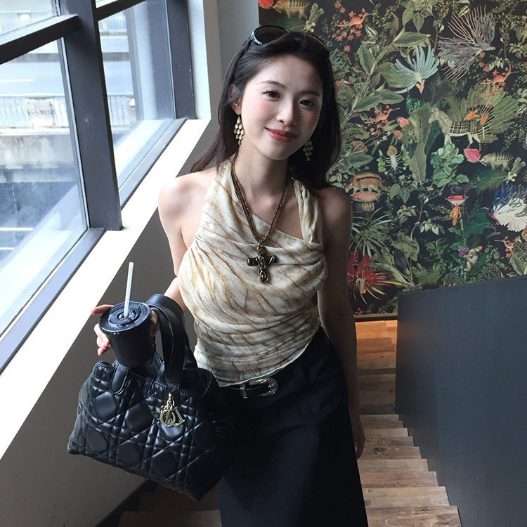 褶皱纯欲设计新款小众感美式网纱显瘦上衣背心挂脖吊带修身晕染女|undefined