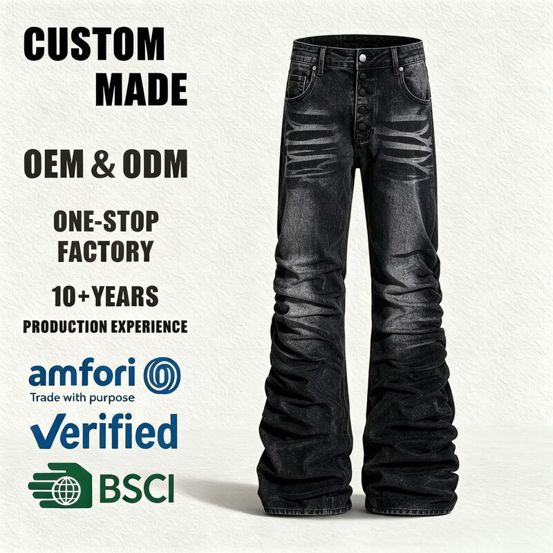 Customized OEM jeans, vintage washed jeans, pleated micro-flared wide-leg street style trendy jeans