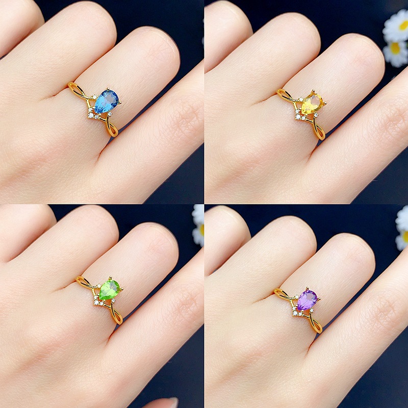 The New S925 Sterling Silver Water Drop Ring Is Inlaid with Natural Diopside, Amethyst, and Other Colored Gemstones, Exquisite and Versatile for Everyday Wear