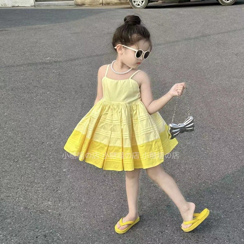 French Girls 2025 Summer New Honey Grapefruit Tea Lemon Yellow Suspender Skirt Girls Niche Pleated Dress