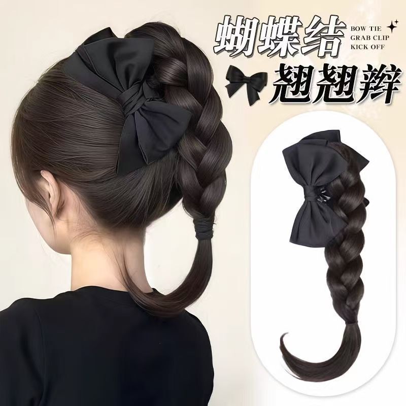 Wig with Curly Braids, Bowknot, Clip-On High Ponytail, Women's Braided Hair, Realistic Hair, Age-Reducing Hairstyle, Low Ponytail, Natural Look