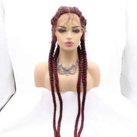 亚马逊速卖通 四根大辫子 女手织蕾丝空气刘海酒红色头套