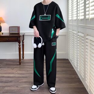 Super plus size clothes summer leisure sports short sleeve suit fashion students a set of clothes ruffian handsome men's clothing