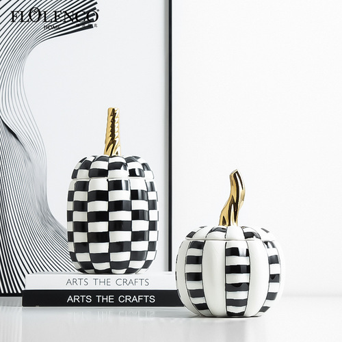 Modern light luxury hand-painted ceramic black and white grid pumpkin decorative vase sample room accent living room wine cabinet creative craft