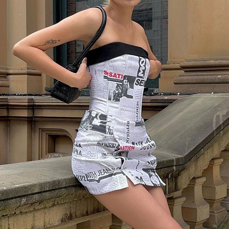 Sleeveless Newspaper Print tube top and Short Skirt Set NSCBB135227