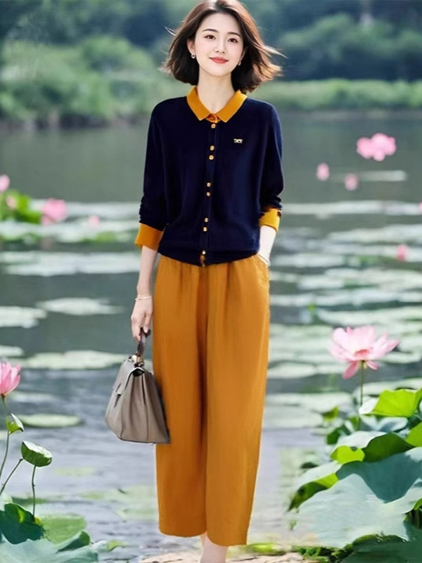 2025 New Autumn Style Simple Artistic Elegant Andy Velvet Contrasting Lapel Top Elastic Nine-Point Pants Suit for Middle-Aged and Elderly People