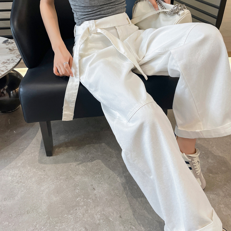 美式复古工装裤女灰绿色飘带休闲阔腿牛仔裤女高腰宽松显瘦拖地裤|undefined