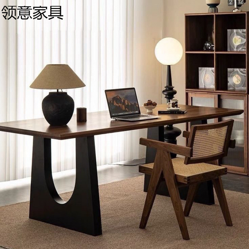 实木餐桌胡桃木色客厅大长书桌工作台大板餐书桌一体会议办公桌|undefined