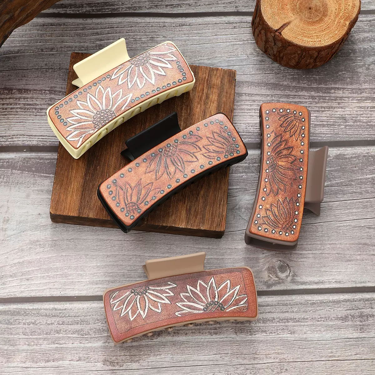 跨境西部风皮革发夹向日葵图案抓夹女士鲨鱼夹速卖通亚马逊