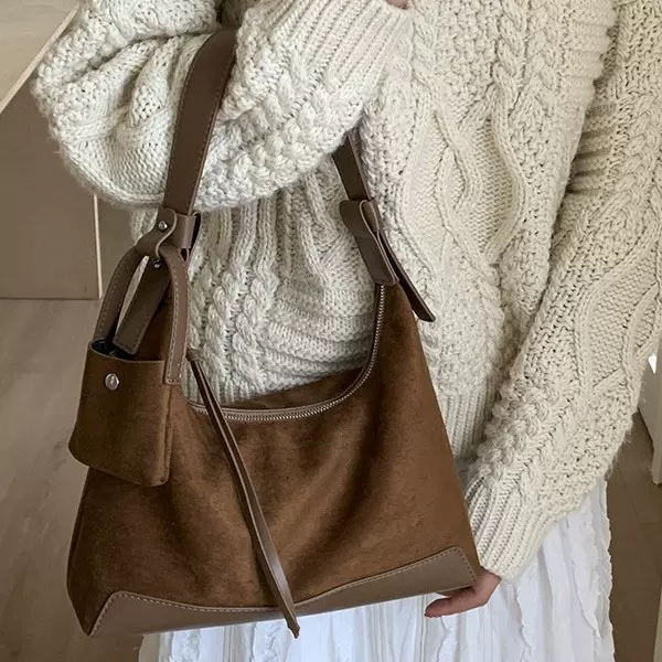 韩国复古麂皮绒托特包女2025秋冬新款简约通勤大容量单肩斜挎包
