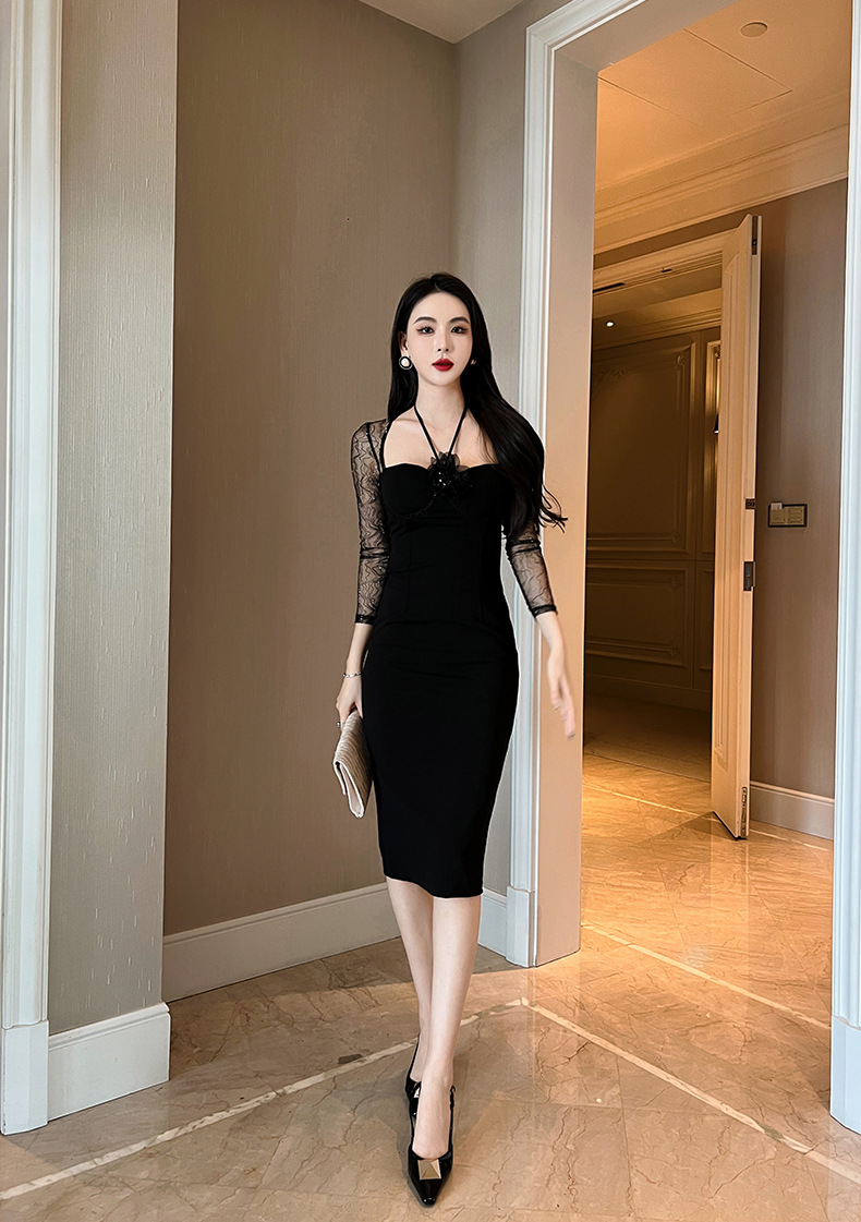Đầm dài dáng ôm cổ halter phối lưới phong cách quý tộc — Màu đen chi tiết 11