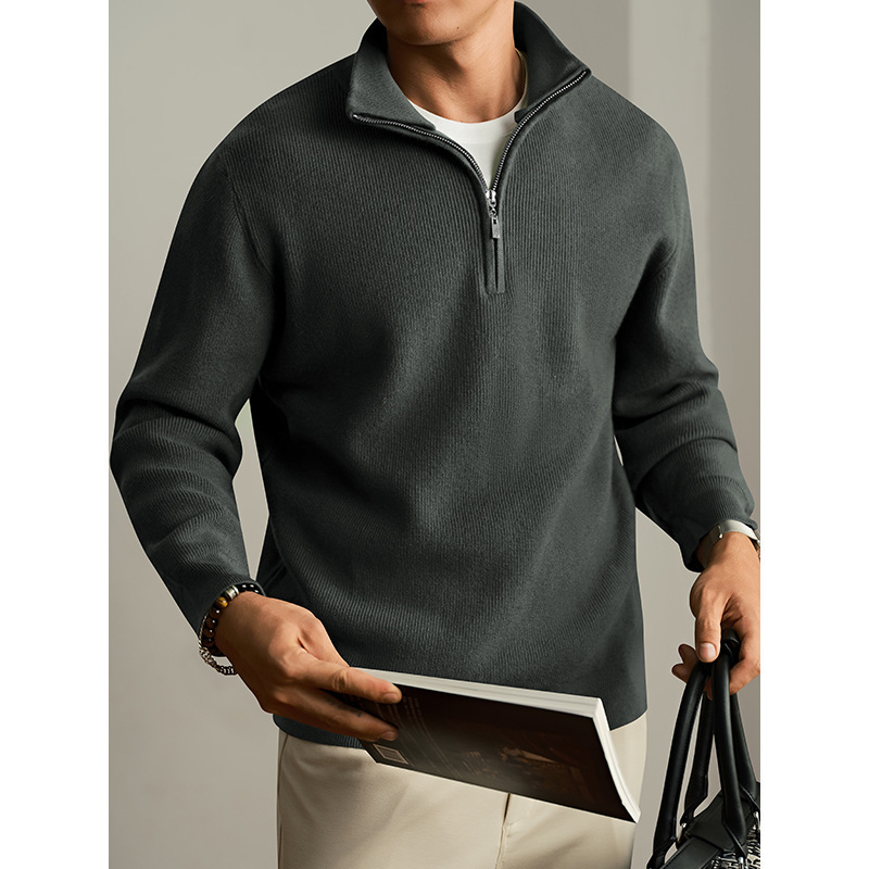 Half-Zip Stand Collar Men's Knitted Long-Sleeved Sweater 2025 Autumn and Winter American Retro Old Money Style Casual Pullover Top for Men