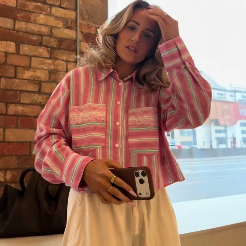Cross-Border Women's Clothing Manufacturer Wholesale 2026Za Aliexpress Hot-Selling Casual Versatile Lace Detail Striped Short Shirt Cross-Border Women's Clothing Manufacturer Wholesale 2026Za Aliexpress Hot-Selling Casual Versatile Lace Detail Striped Short Shirt