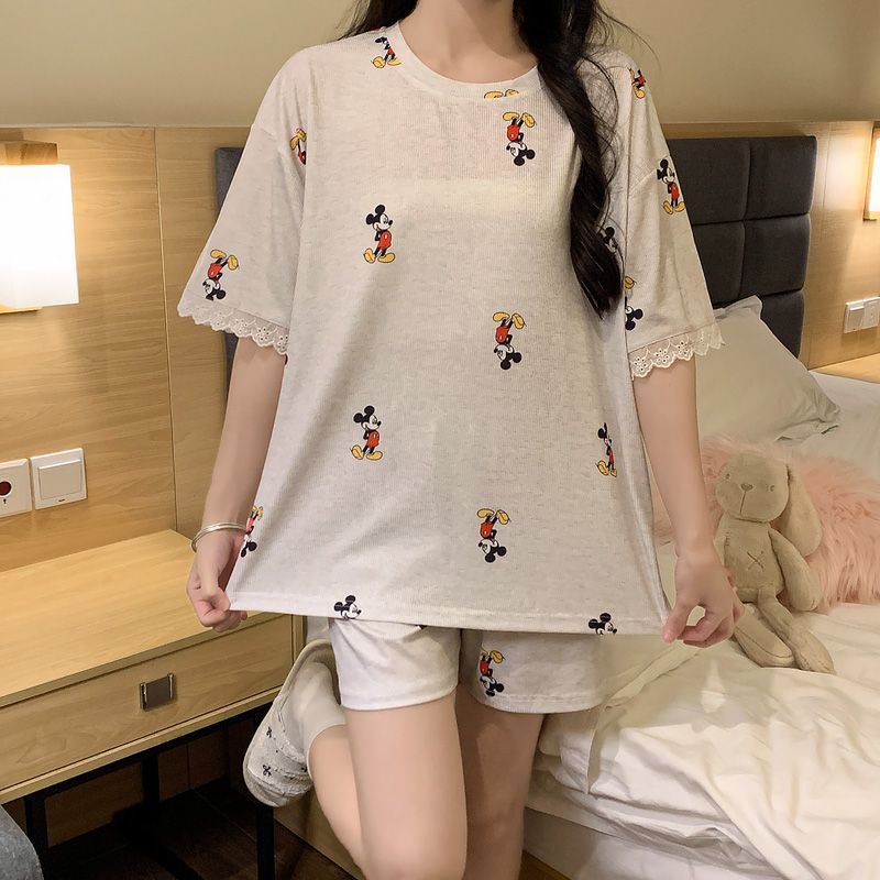 Fabricantes de comercio exterior de verano nuevo pijama de mujer de verano estriado hielo manga corta conjunto de dibujos animados ropa de hogar suelta se puede usar fuera