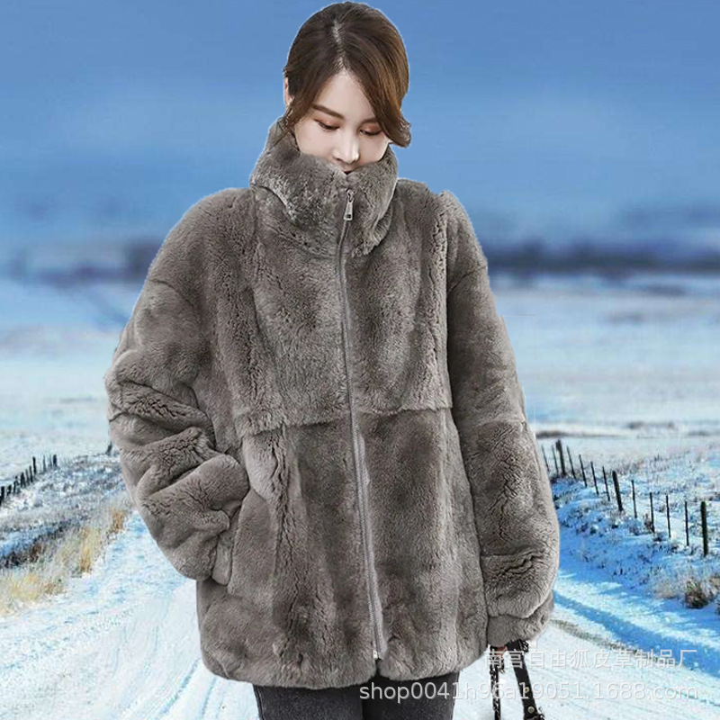 Rex Rabbit Fur Coat for Women, Mid-Length, Loose Casual Style, Fur Integrated Mink Coat, Genuine Fur Coat for Women
