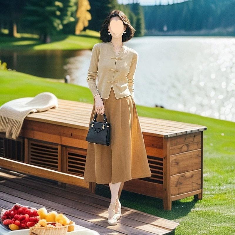 Роскошный и приличный весенний наряд, полный комплект повседневного нового кардигана в китайском стиле, темпераментный костюм из двух частей, юбка для женщин.