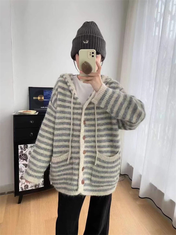 甜美风条纹连帽宽松针织衫开衫上衣女25年秋冬软糯风口袋毛衣外套|undefined