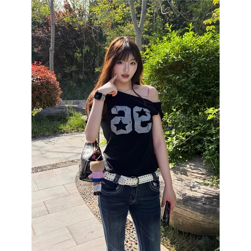 Jinliang Official Image [in Stock + Original Quality] Hot Girl Jersey Style Off-Shoulder T-Shirt for Women Summer Digital Print Top