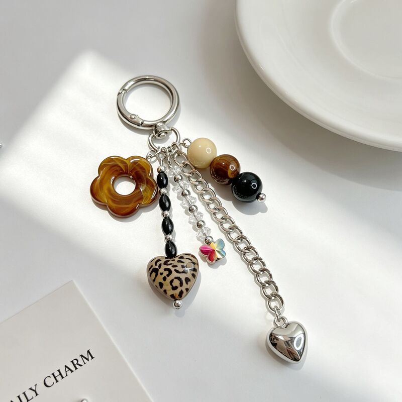 Melard leopard print heart keychain, vintage amber flower and butterfly beaded pendant, Y2K style accessory for bags