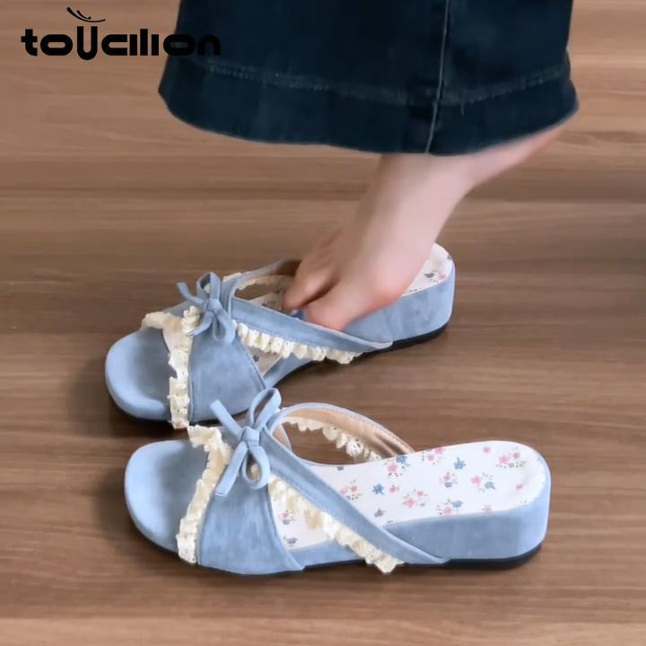 El arco dulce francés bordes de encaje una zapatilla fría 2026 verano nuevo tacones desnudos zapatillas de media palabra image 7