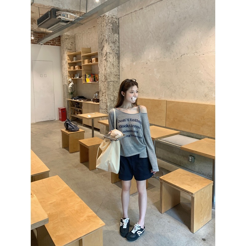 慵懒字母斜肩罩衫长袖T恤女夏甜美宽松显瘦百搭上衣|undefined