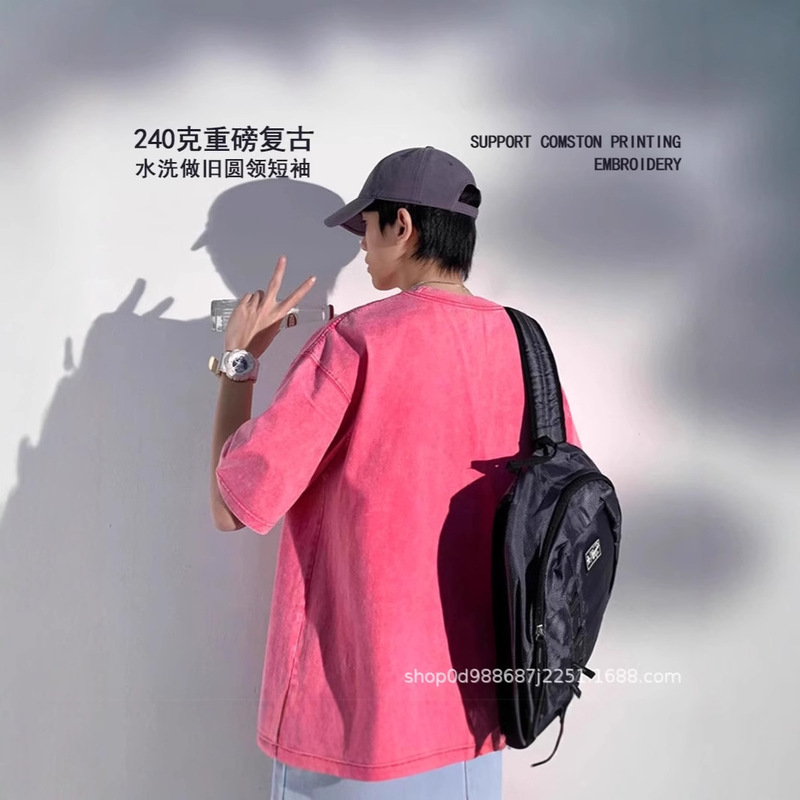 Wholesale American Heavyweight 240g T-Shirt Short-Sleeved Pure Cotton Retro Washed Distressed T-Shirt Loose Casual Short-Sleeved Shirt