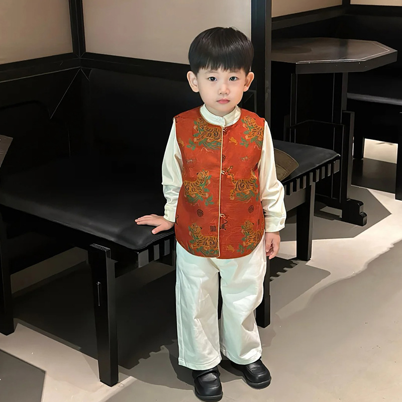 男童新中式古风马甲套装2025春秋中小童长袖衬衫休闲裤子三件套潮|undefined
