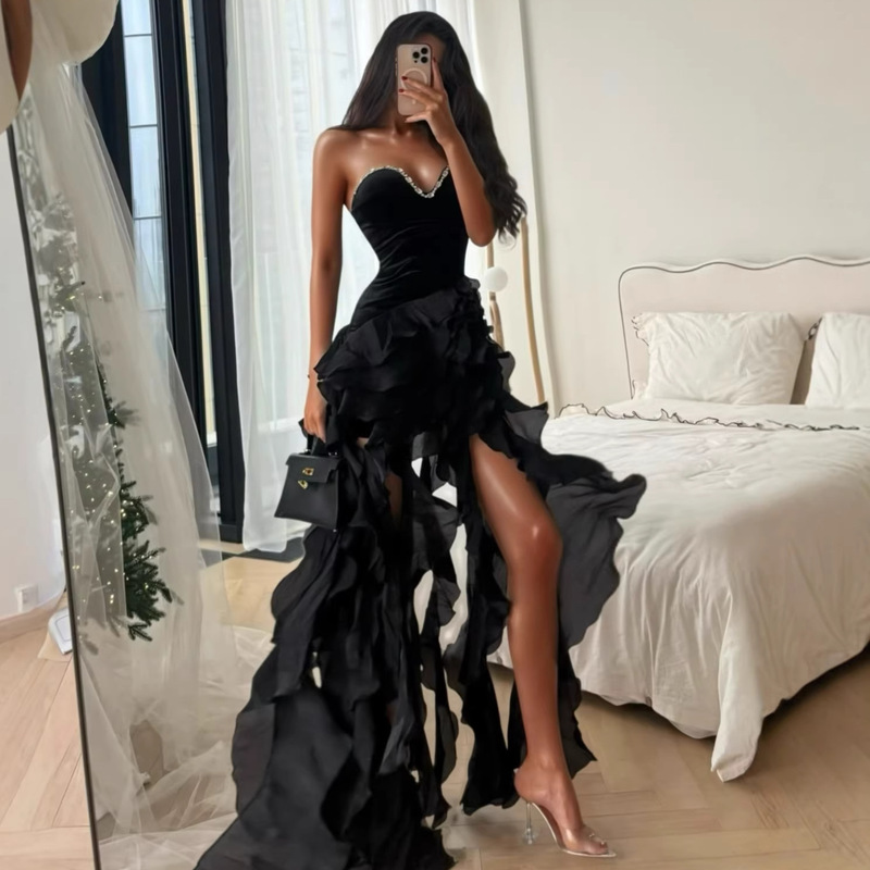 Cross-Border Luxury Rhinestone Sexy Low-Cut Ruffled Long Dress European and American Fashion Party Evening Gown Cross-Border Luxury Rhinestone Sexy Low-Cut Ruffled Long Dress European and American Fashion Party Evening Gown