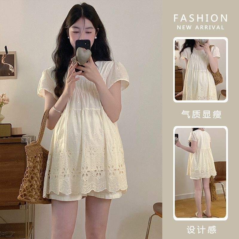 Maternity Wear for Pregnant Women in Summer, Fashionable Thin Style Maternity Clothing, Casual and Stylish Hollow-Out Embroidered Short-Sleeve Babydoll Shirt