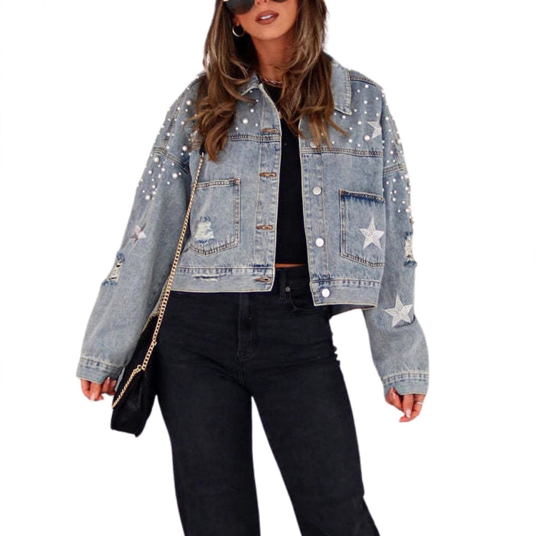 Amazon Aliexpress Denim Jacket Fashion European and American Women's Clothing New Style 2026 Heavy Beaded Jacket Loose Fit