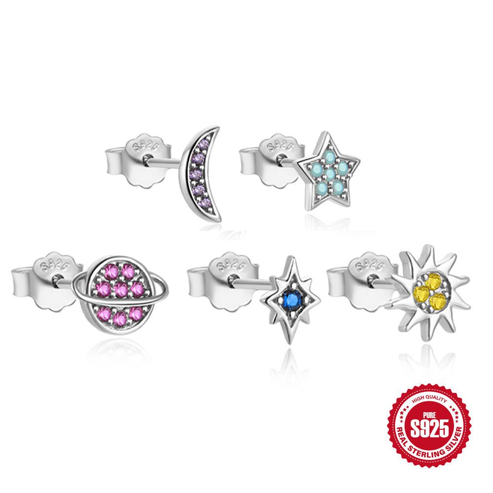 Nuevo conjunto de estrella y luna de Plata de Ley 925, colorido, Empress Planet, elegante y versátil, conjunto de 5 piezas de pendientes y pendientes