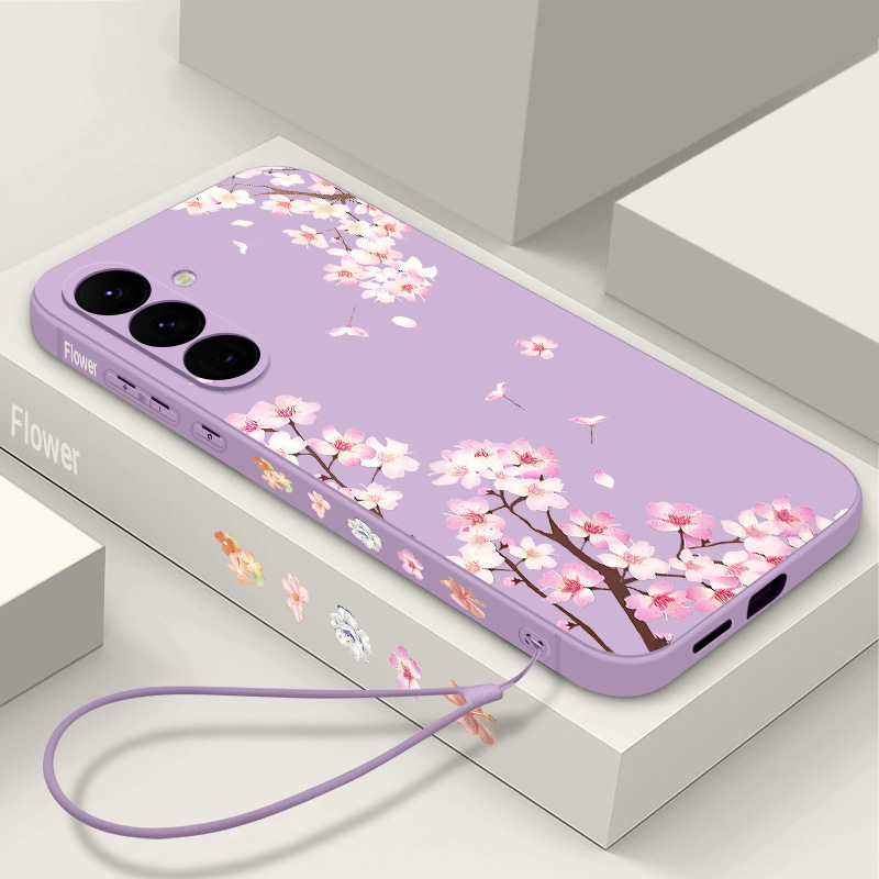 Suitable for Samsung S26 Pink Peach Blossom Phone Case A17 Side Flower Design S24Fe Painted Tpu Phone Case with Hand Strap Suitable for Samsung S26 Pink Peach Blossom Phone Case A17 Side Flower Design S24Fe Painted Tpu Phone Case with Hand Strap