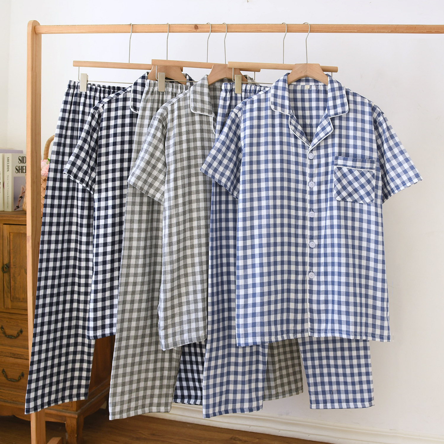 Summer New Cotton Short-sleeved Trousers plus size Men's Pajamas Thin Air-conditioning Wear Comfortable Thin Yarn-dyed Plaid Set