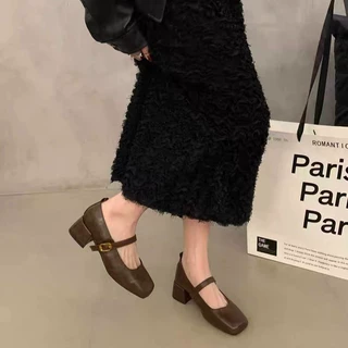 复古方头口粗单鞋春秋新款法式2026晚风仙女轻便软皮玛丽珍小皮鞋