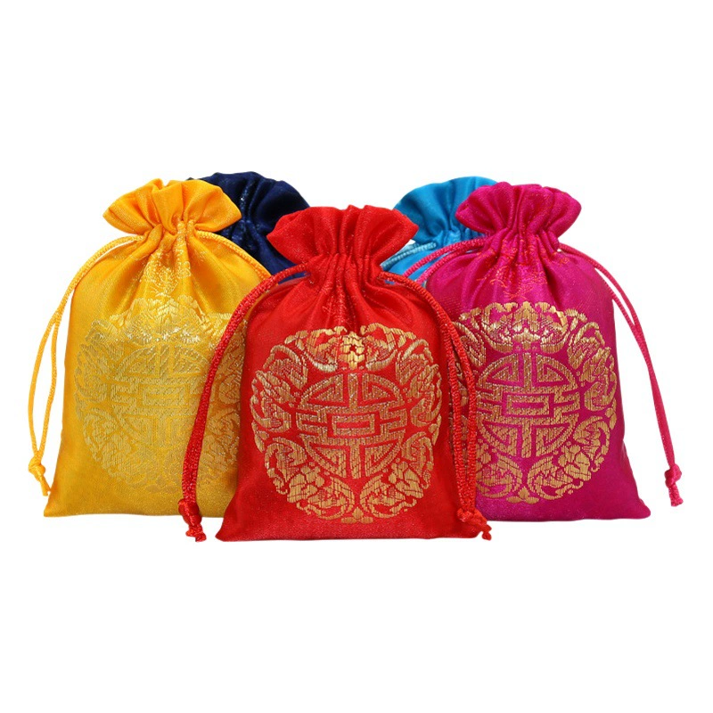 Оптовая Китайский Стиль Парча Красный Счастливый Мешок Шнурок Свадьба Праздничные Конфеты Мешок Ювелирных Изделий Упаковка Счастливый Мешок