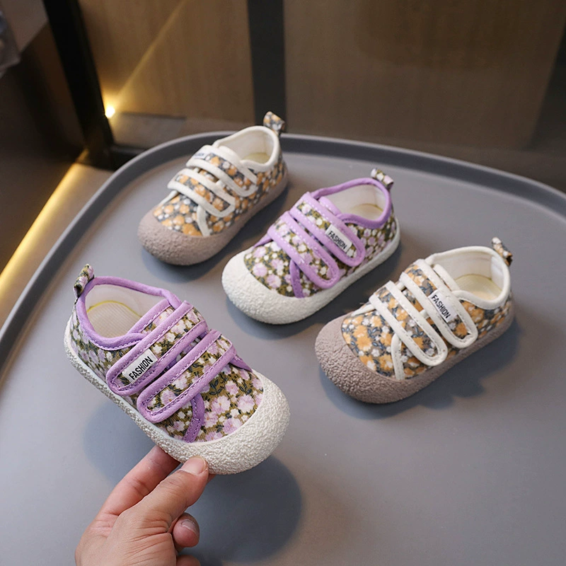 Детские цветочные холщовые туфли 2025 весна-осень, детские туфли на липучке, корейский стиль, для мальчиков и девочек, стиль преппи, школьные туфли