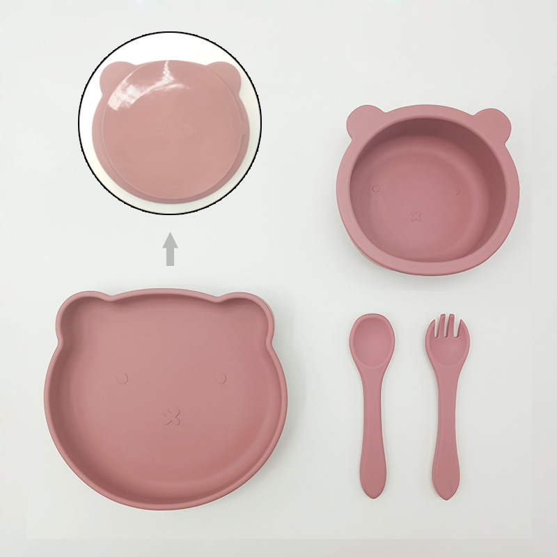 Bebé de alimentación placa cuchara Tenedor traje grado alimenticio silicona Integrado placa niños dibujos animados oso vajilla materna y infantil
