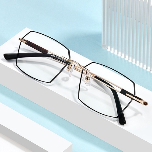 新款时尚多边无框金属老花镜高清防蓝光抗疲劳眼镜男士变色平光镜