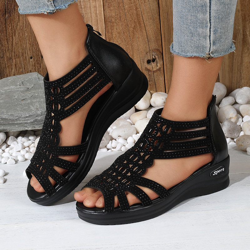 Verano de tacones gruesos de pendiente impermeable sandalias de tacones altos de cuero suave sandalias huecas con cremallera trasera sandalias romanas huecas
