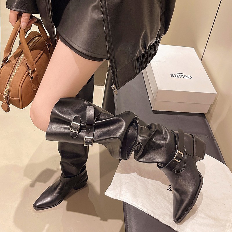 靴女尖头堆堆长靴2025粗跟两秋冬新款美拉德穿皮带扣骑士靴高筒靴|undefined