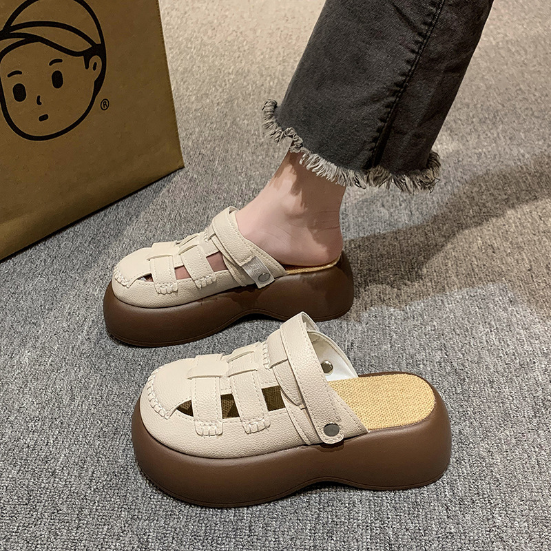 Dos sandalias de cabeza hueca para mujeres 2024 verano nuevo DongDongSen zapatos romanos zapatillas de mitad de suela gruesa para mujeres