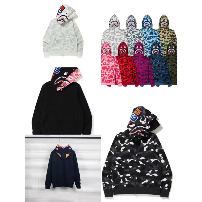 BAPE Japanese-style trendy camouflage shark hooded sweatshirt, unisex, WGM double-hooded zip-up jacket, couple's style BAPE Japanese-style trendy camouflage shark hooded sweatshirt, unisex, WGM double-hooded zip-up jacket, couple's style