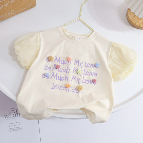 Girls T-shirt summer short-sleeved tops mesh puff sleeves children's Korean version of Western letter half-sleeve baby summer clothing trendy