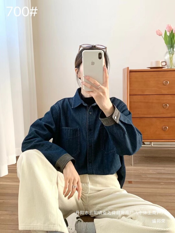 厂家直销格子拼接水洗牛仔衬衫外套女加绒加厚秋冬一体绒复古|undefined