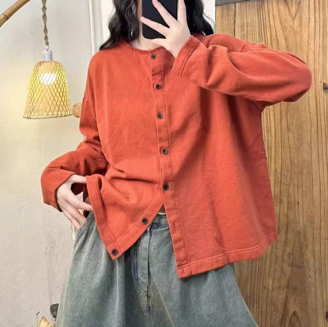 テリーコットン系のカーディガン女性の丸首カーディガン2025春の新型のゆったりしたカジュアルファッションのキャンディー色の上着
