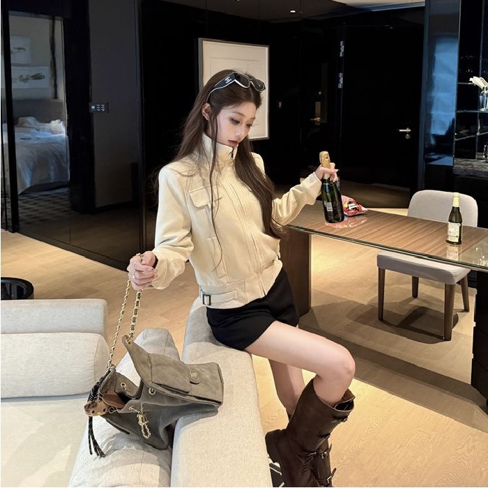 Korean High-Neck Jacket for Women Spring & Fall 2025 New American Retro Motorcycle Jacket Elegant Short Jacket Top Women's Clothing