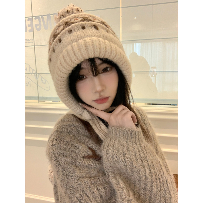 费尔岛风提花护耳帽子女冬季韩系户外保暖针织毛线帽显脸小套头帽|undefined