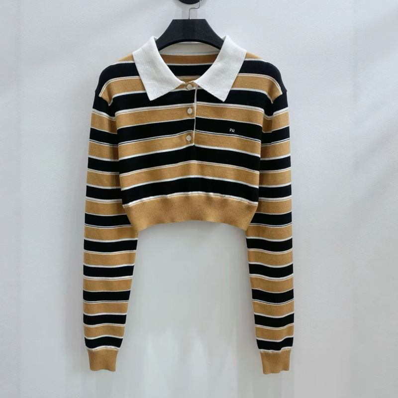 Knitted sweater with contrasting stripes, short Polo long-sleeve top, high-end feel, letter embroidery, proper light luxury short top