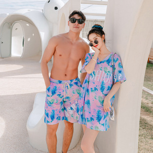 Couple's Three-Piece Swimsuit Women's Steel Bracket Small Chest Push-Up Sexy Split Skirt Boxer Bikini Men's Beach Pants